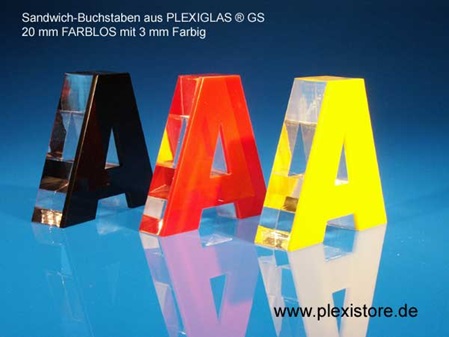 Acrylglas Plexiglas® Sandwich Buchstaben GS klar farbig gelasert lasern verklebt
