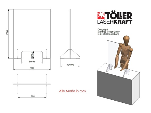 Hygieneschutzwand Budget Acrylglas Steckfuß Modell Maxi 100 cm Höhe 75 cm Breite Durchreiche